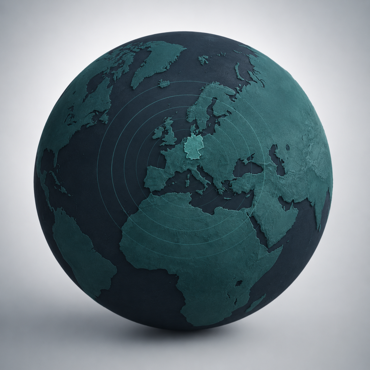 Stilisierter Globus mit hervorgehobenem Deutschland und akustischen Wellenringen als Symbol für internationale Projektarbeit