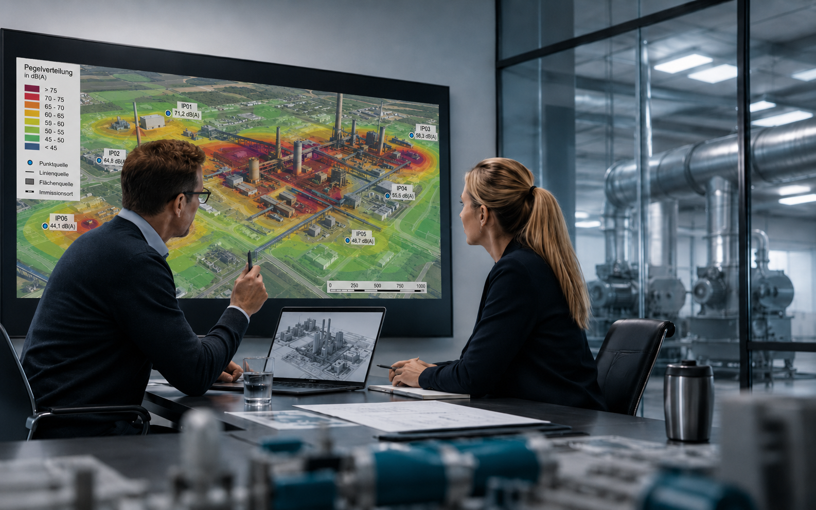 Schalltechnische Planung: zwei Personen besprechen akustische Anforderungen an einem Plan