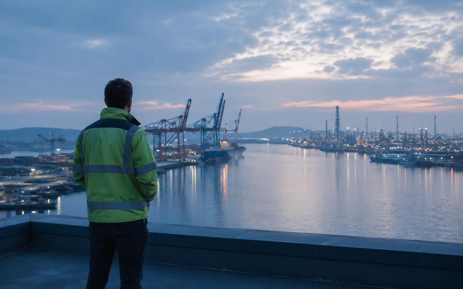 Industriehafen in der Dämmerung als Symbol für Industrieprojekte mit Weitblick